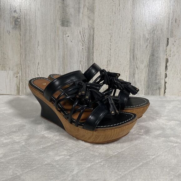 Leifsdottir Olli Wood Wedges Black Tassel Strappy Platform Sandal EU 38 US 7-7.5 - Picture 2 of 11